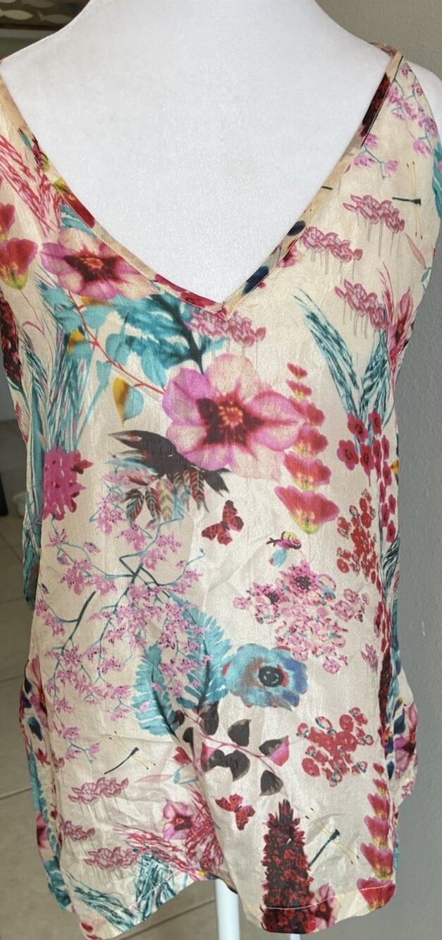 100% Silk Floral Dragonfly Cami Tank Top Romantic Fairy Colorful Boho Y2K VTG S
